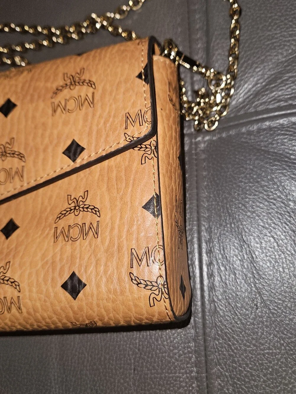 MCM Cognac Visetos Envelope Crossbody with Gold Hardware